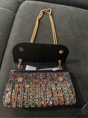 Multicolor Jeweled Evening Clutch with Gold Chain Strap